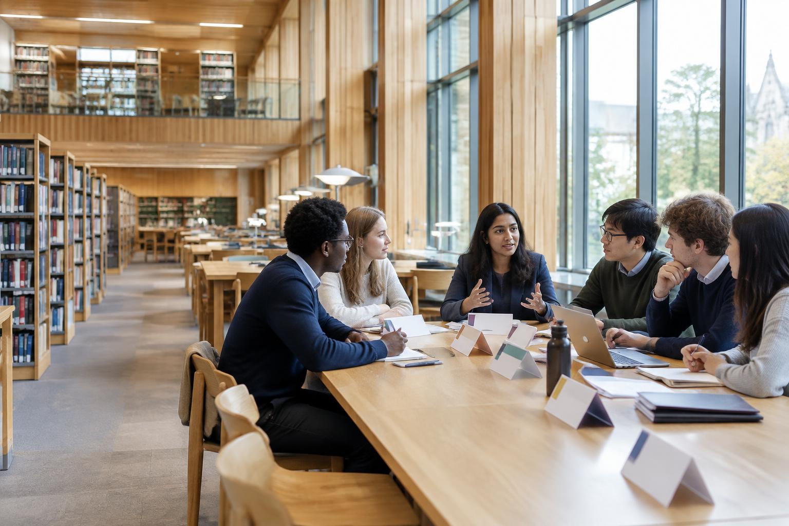 Illustrative image of university students debating together in a contemporary library